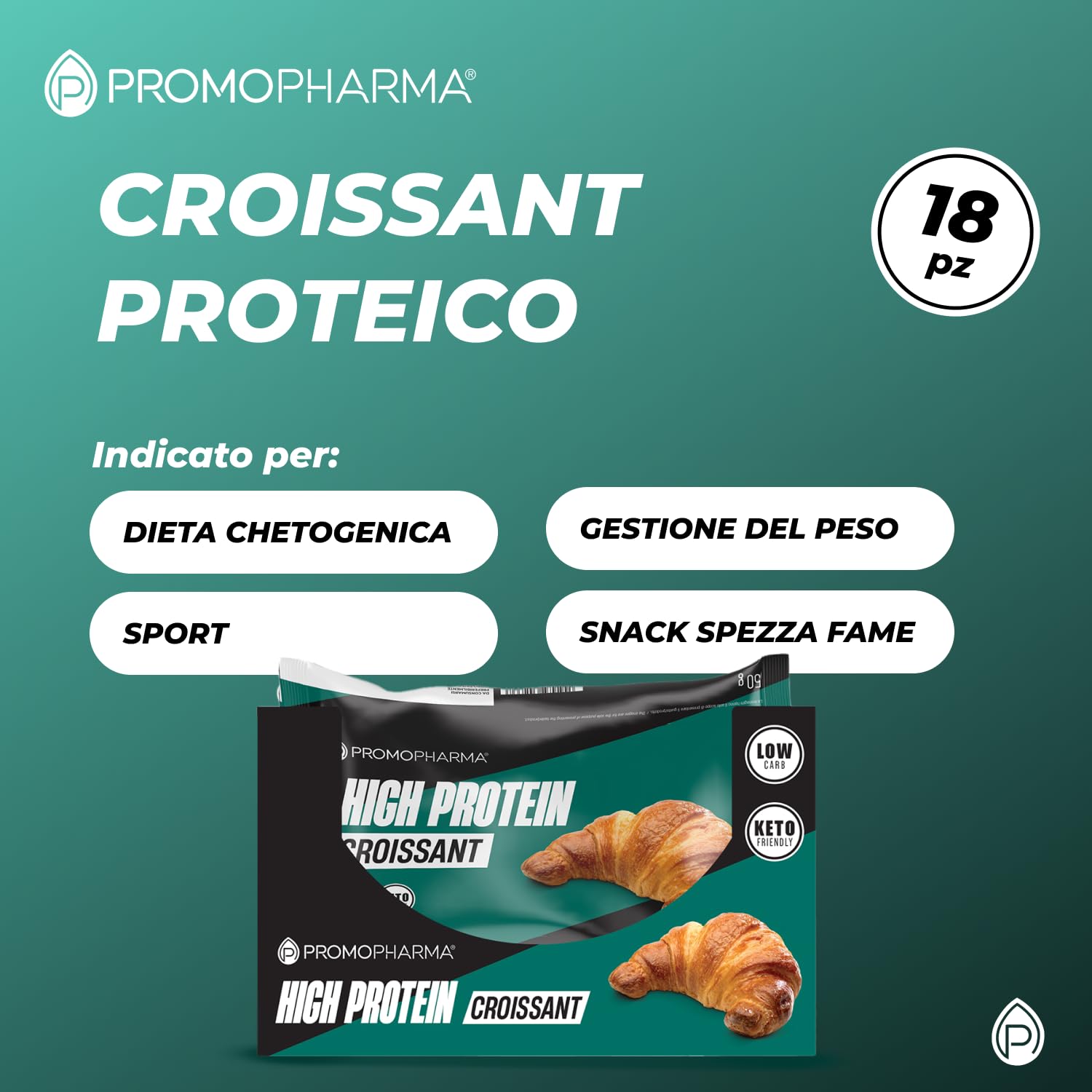 High Protein Croissant Classici - Cornetti Proteici Keto a Basso Contenuto di Zuccheri - Snack Proteici per Dieta Chetogenica, Colazione Fit e Low Carb - 18 Croissant da 50 g