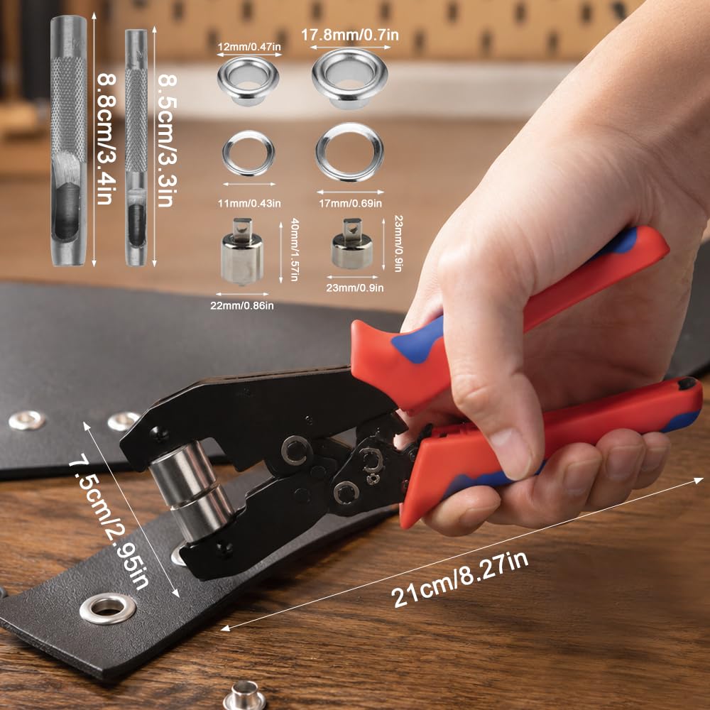 Ösenzange Set mit 500 Rostfreien Ösen (250pcs Ø 6mm & 250pcs Ø 10mm) Magnetische Ösenpresse, Ratsche Ösenstanze mit Wechselbarem Stanzkopf, Ösenzange für Planen, Banner, Stoffe, Leder, Gürtel