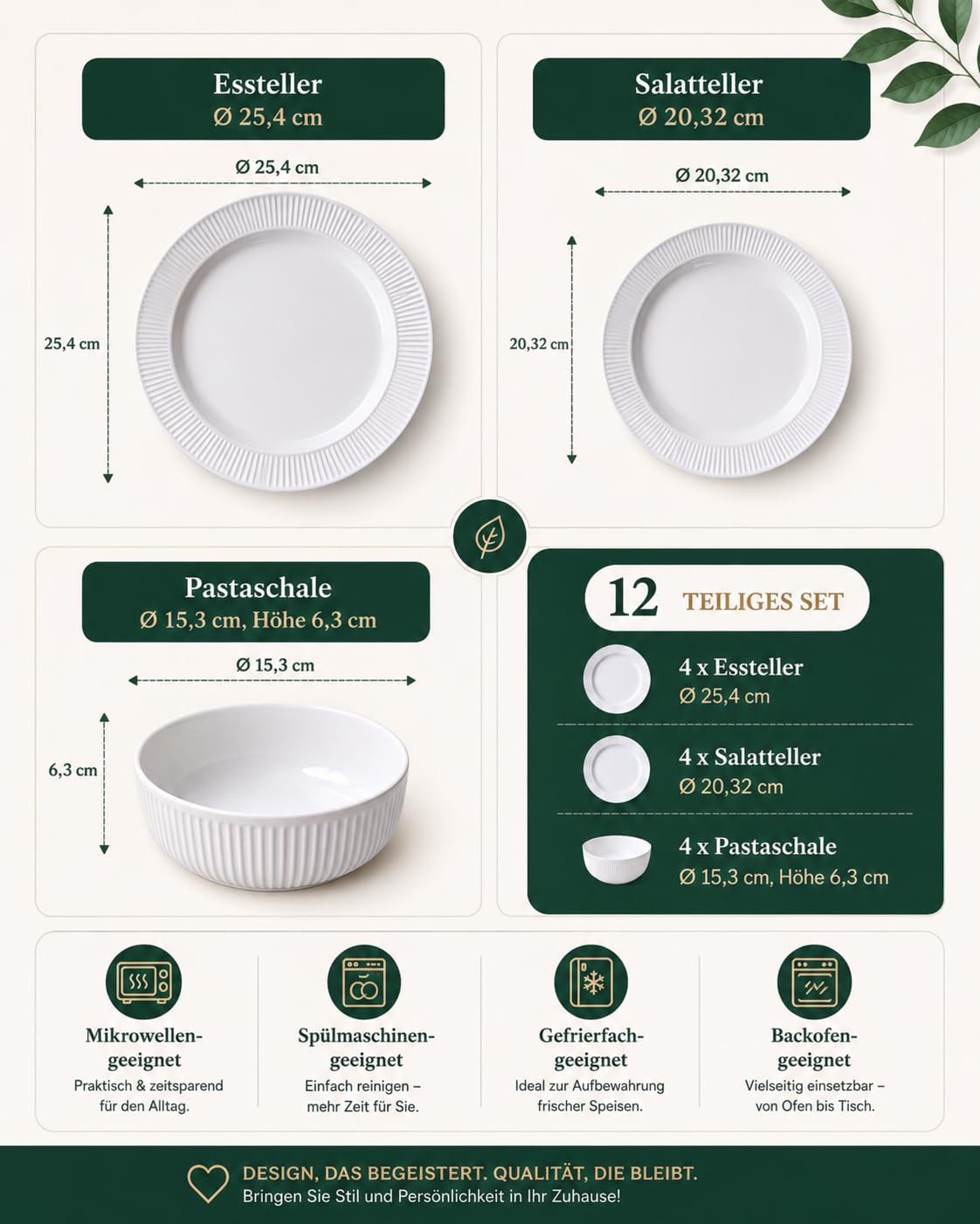 12-teiliges Keramik Geschirrset für 4 Personen, Steinzeug Teller & Schalen Set, Mikrowellen- & Spülmaschinengeeignet, Kratzfest & Bleifrei, Modernes Streifen Design, Weiß