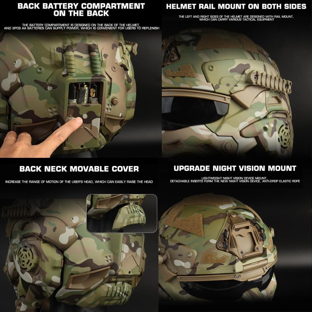 Tactical Airsoft Helmet Set Fast Helmet with Built-in HD Headset Full Face Mask and Anti-Fog Fan for Outdoor Paintball Cosplay BB Game CS Hunting Gear I
