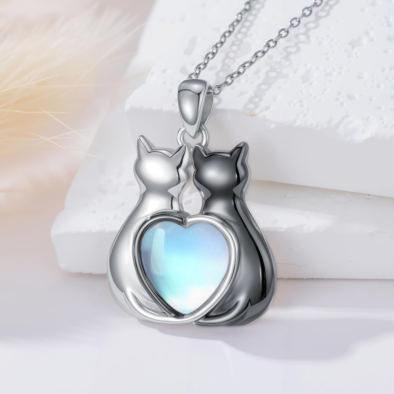 LONAGO Cat Moonstone Necklace White and Black Cats Pendant Necklace Jewelry Gift for Women - Image 2