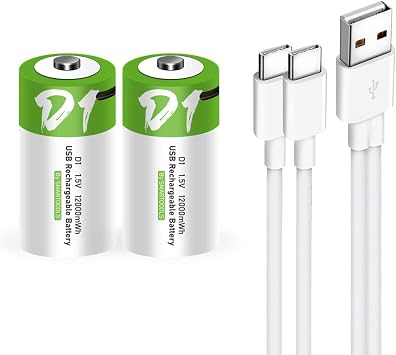 2 Pack D Batteries, Rechargeable D Batteries 2 Pack,D Cell Batteries with Type C Charger Cable,12000mWh 1.5V Lithium Battery D Size