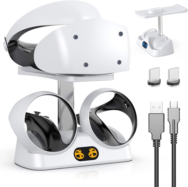 Dobe PSVR 2 Charging Station for PSVR2 Controller, PS5 VR2 Charging Station with VR Headset Display Stand, PSVR2 Charging Dock with Led Indicator, Type-C Cable & 2 Magnetic Charger Clasps