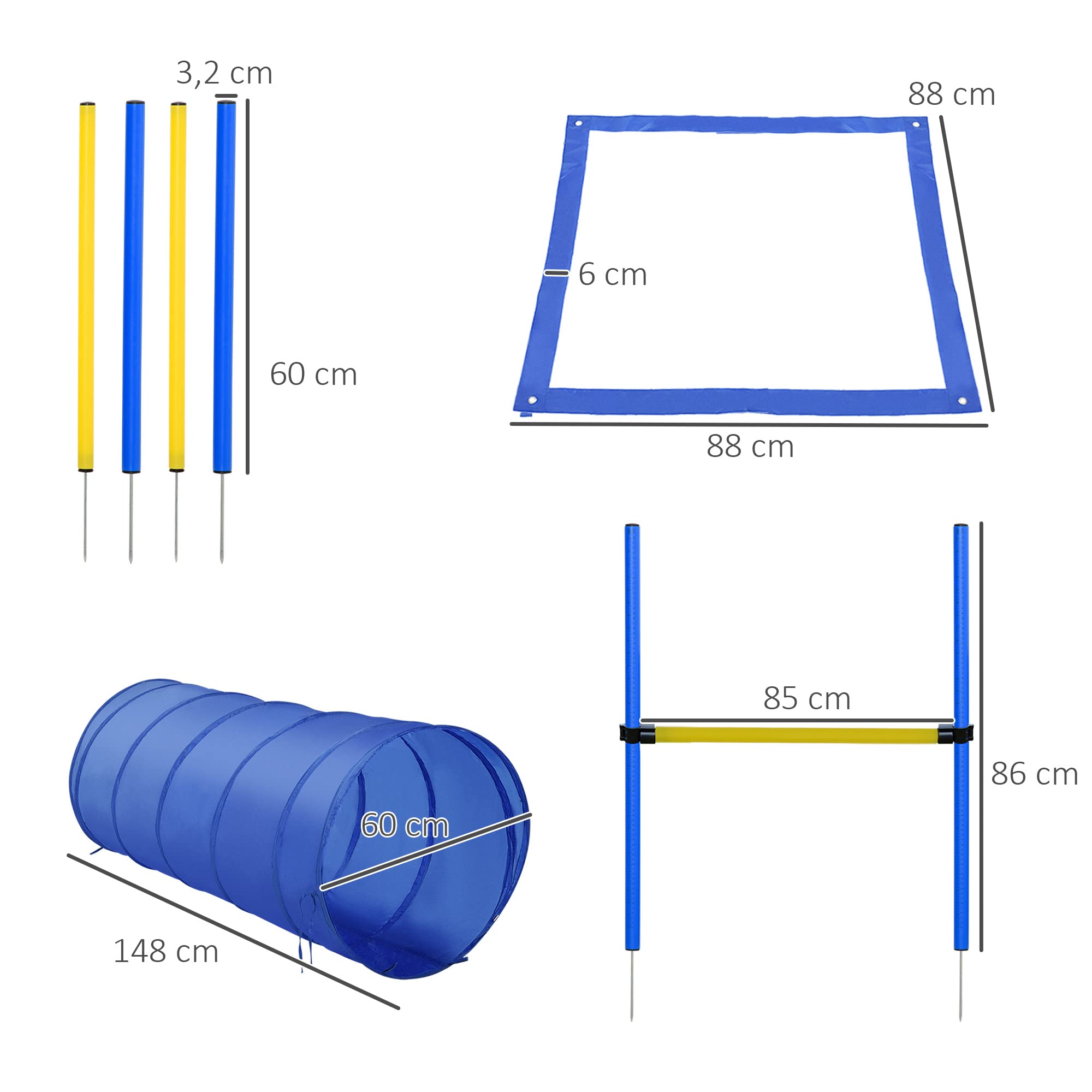 PawHut Agility Sport pour Chiens équipement Complet Obstacles, Tunnel, Slalom, Zone Repos + 2 Sacs de Transport Bleu Jaune