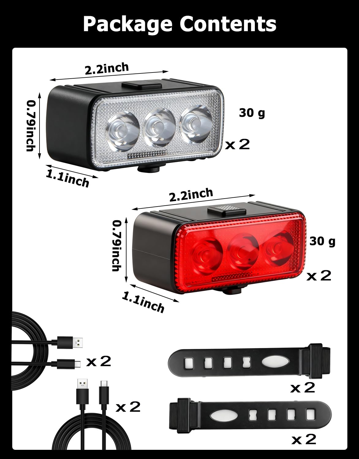 Kit di luci a LED per bicicletta, set di 2 fari e 2 fanali posteriori, luci ricaricabili impermeabili IPX4, 5 modalità anteriori/7 modalità, luci notturne posteriori per la sicurezza, per bambini
