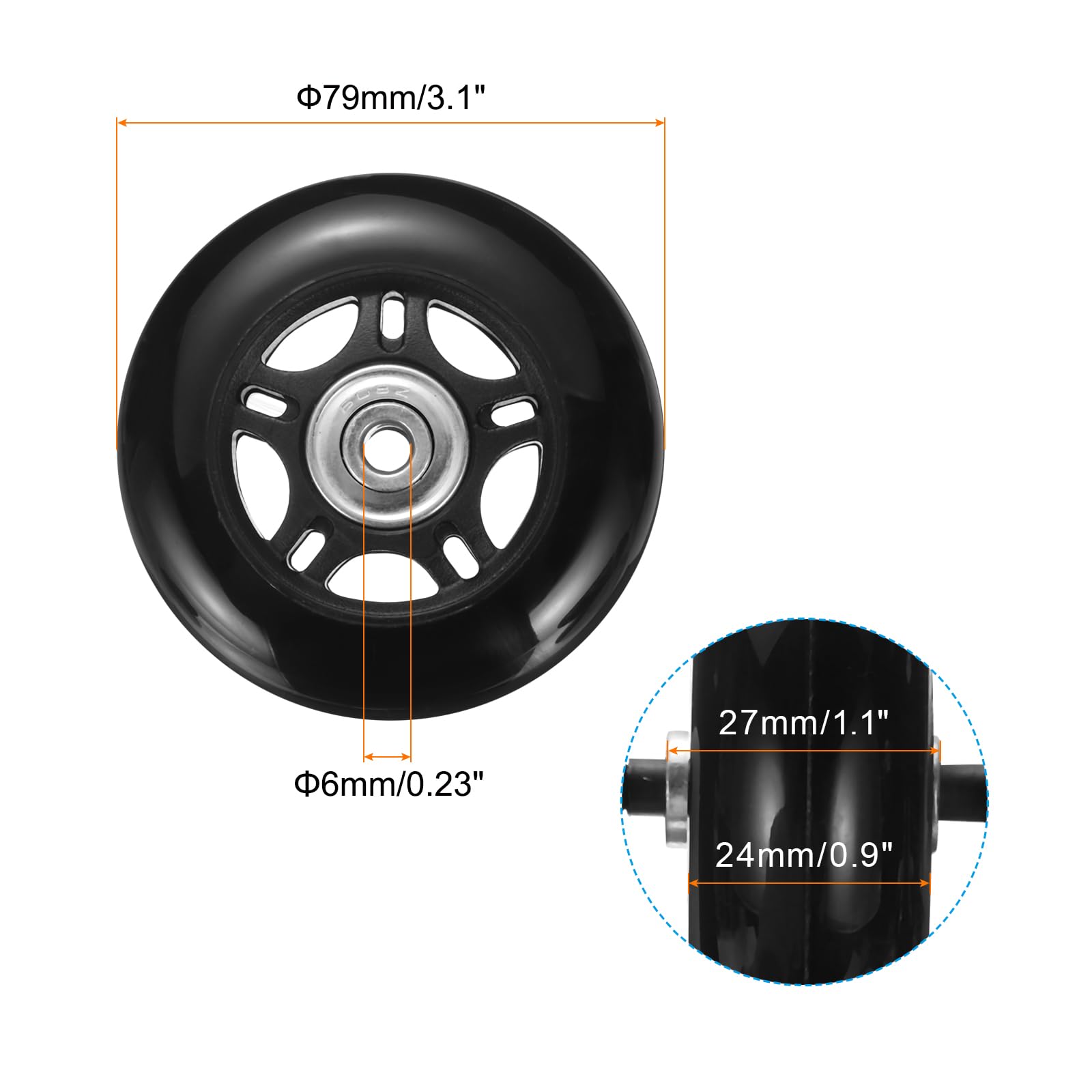 Zestaw 1 Bagaż Koła Zamienny 79 x 24 mm/3.1" x 0.9" Guma Skrętny Kółko jezdne Łożysko Koła Naprawa Ekwipunek do Walizka Inline Zewnętrzny Skate,Czarny