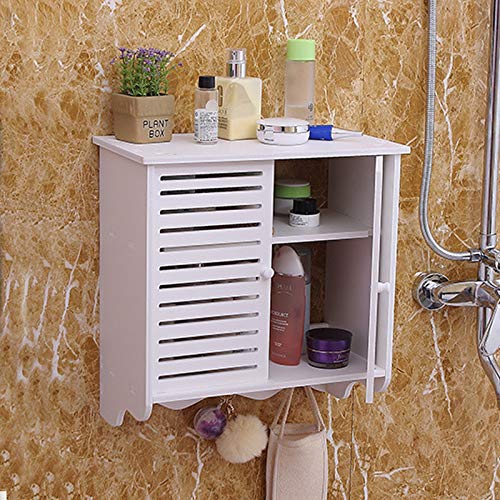 Armario de pared para baño, 2 compartimentos, montaje en pared con puertas y 3 ganchos, color blanco Cover