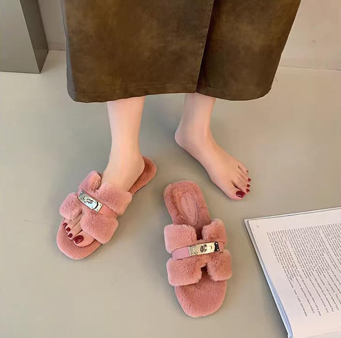 Axellion Womens Fuzzy Slides Open Toe Fluffy House Slippers Indoor Outdoor Furry Slide Sandals - Image 2