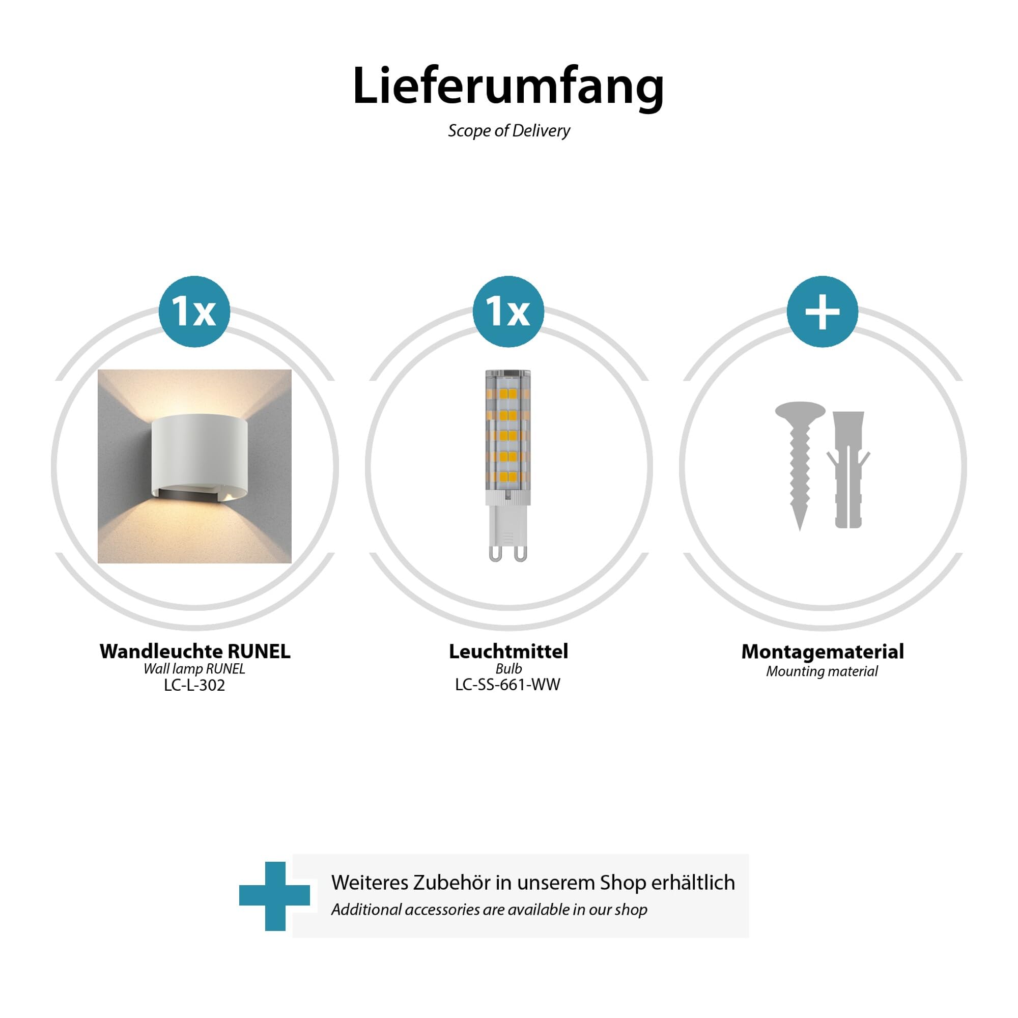 ledscom.de 2x Wandleuchte RUNEL für außen, weiß, IP65, Up & Downlight + LED Lampe 501lm, warmweiß