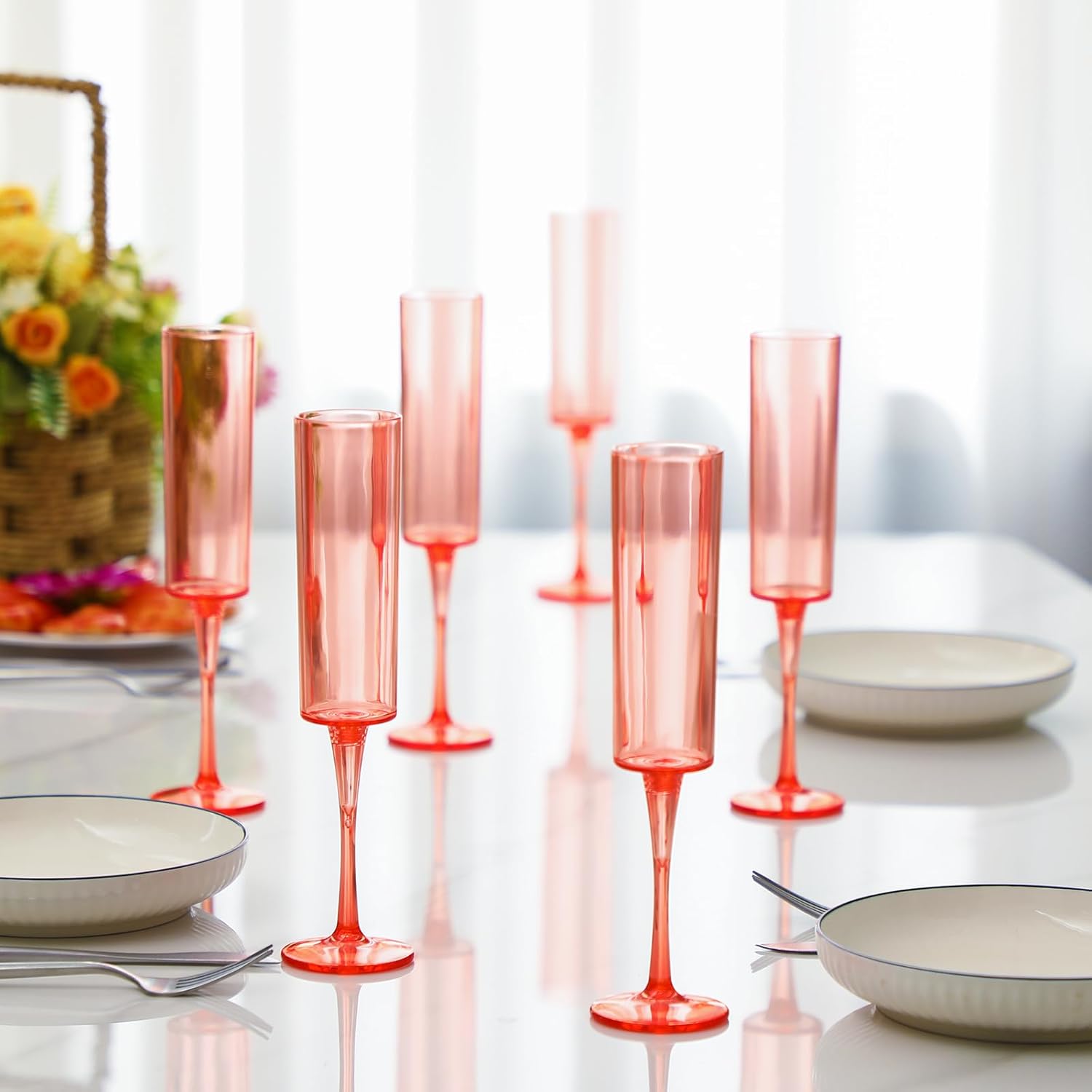 50 Pack Plastic Champagne Flutes 6 oz Clear Pink Champagne Flutes Disposable Acrylic Square Champagne Wine Goblet Glasses for Wedding Birthday Anniversary Bachelorette Bridal Bridesmaid Party