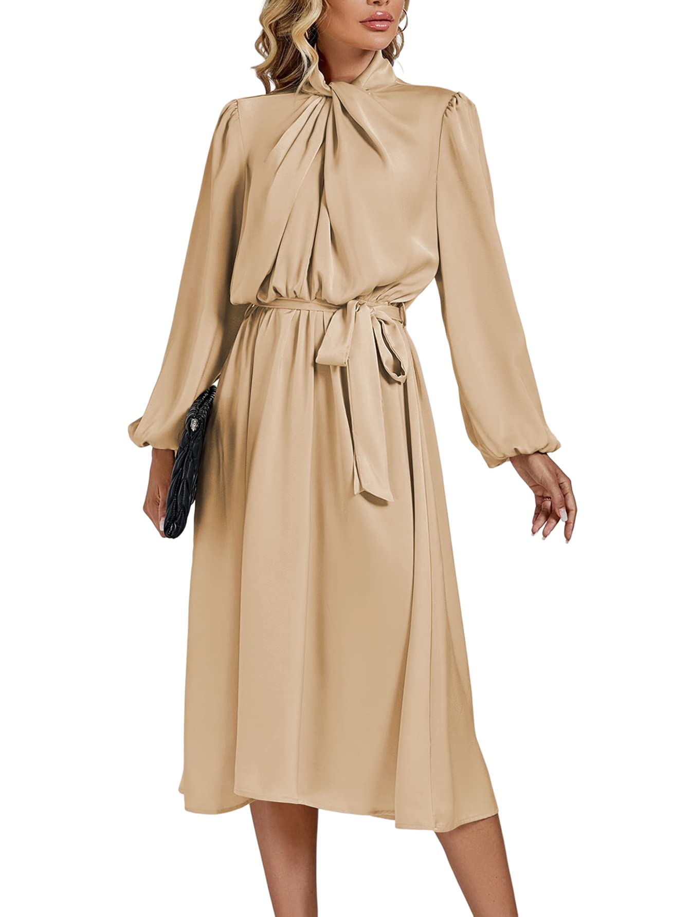 Photo 1 of LYANER Women's Satin Slik Knot Mock Neck Waist Tie Puff Long Sleeve Flowy Midi Dress Medium Beige