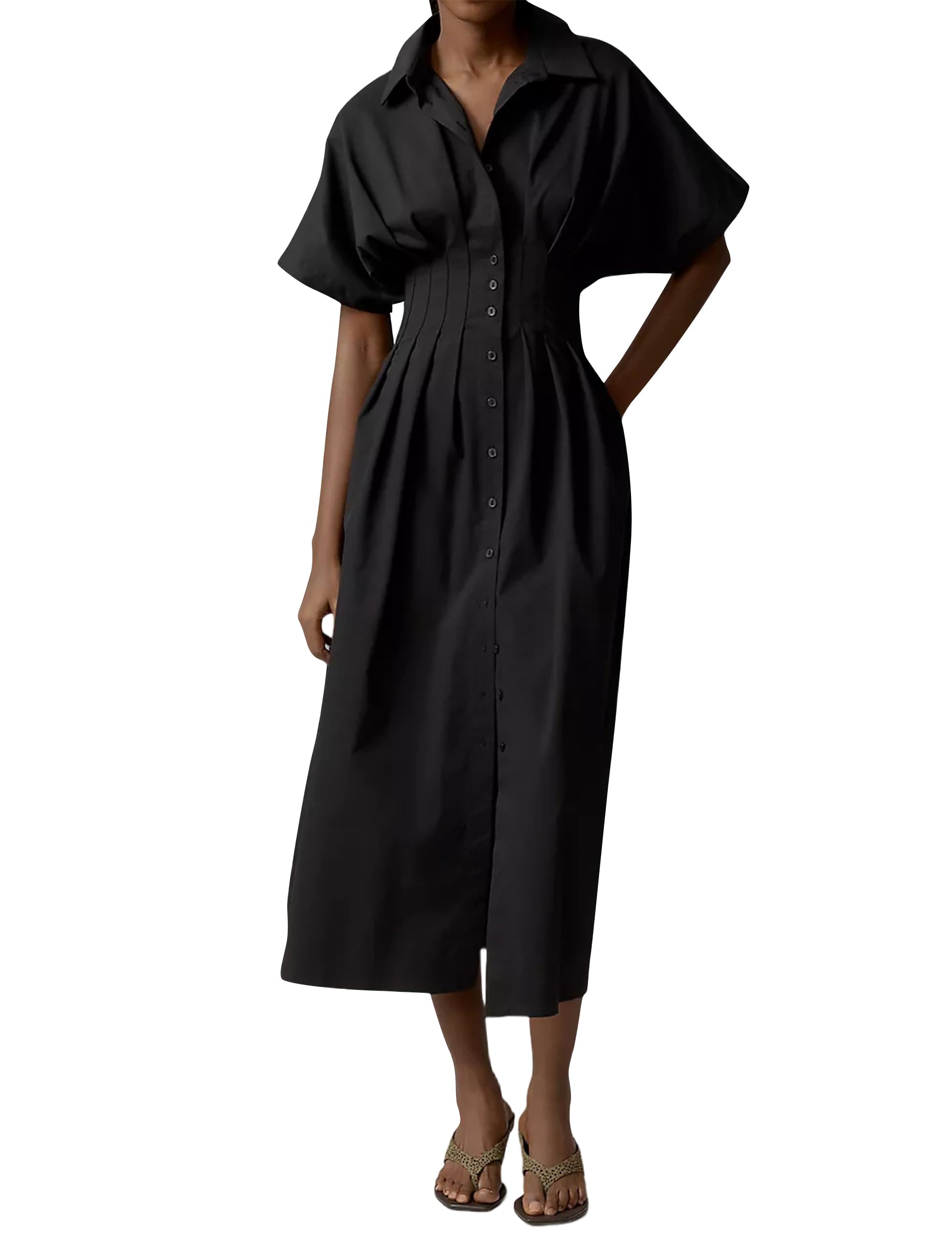 Women Striped Button Down Shirt Maxi Dresses Summer Pleated Short Sleeve Collar Casual Corset Long Dress
