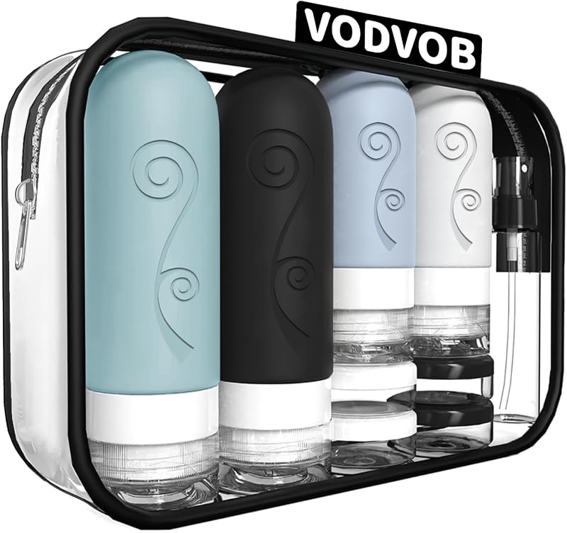 vodvob Conjunto de Frascos Recarregáveis para Viagem com 16 Peças, Silicone e PET, Cor preta