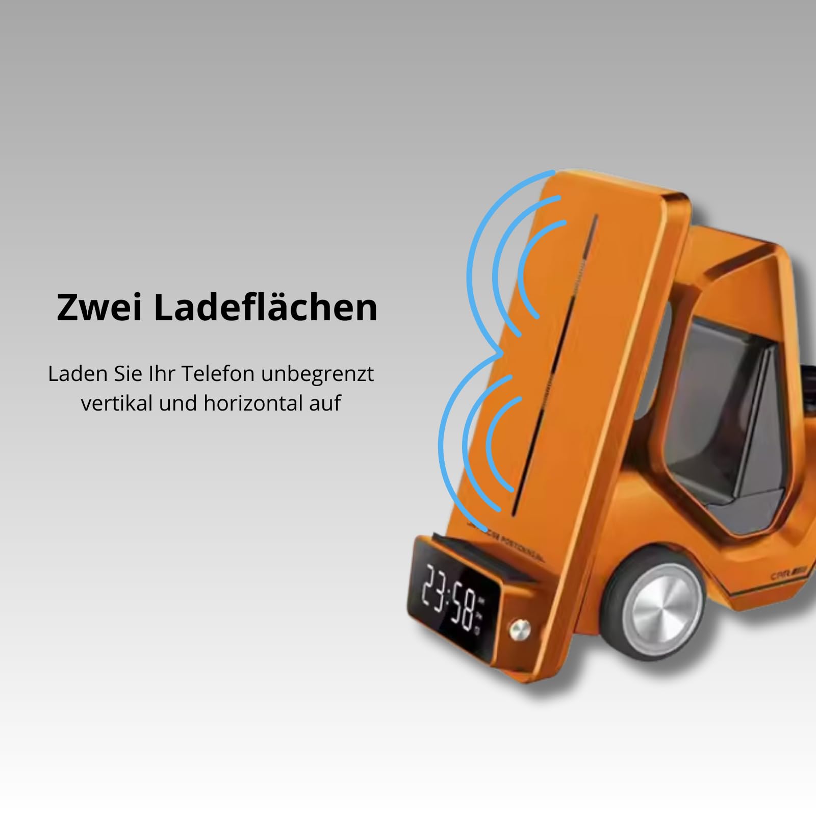 Kabellose Ladestation, kabelloses Laden, Android, Handy, Uhr, Kopfhörer, Multifunktionsuhr, Alarm, Licht, Halterung, Digitalanzeige, automatische Einstellung, Orange