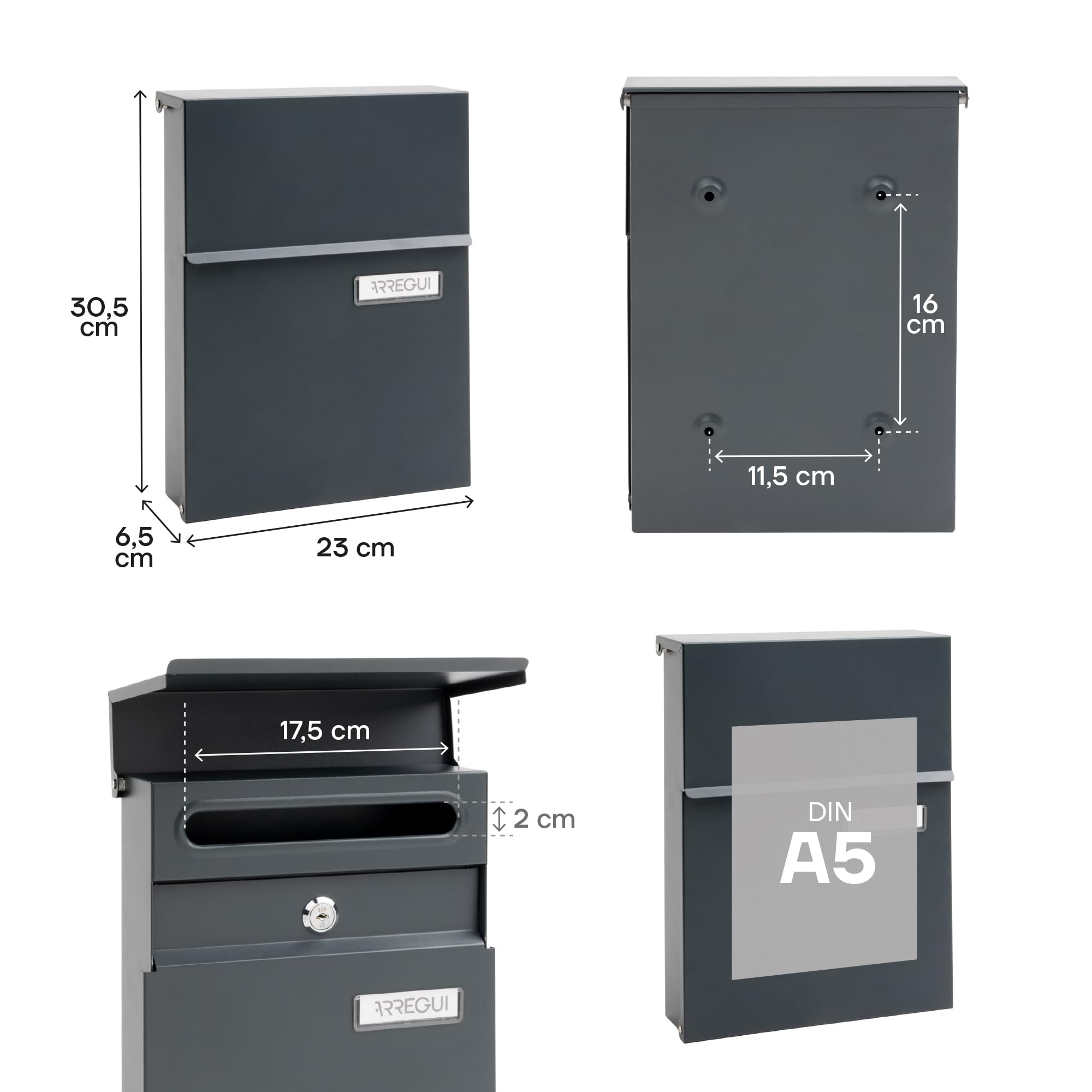 ARREGUI Line E6805 Boîte aux Lettres Individuelle en Acier | Taille S (Courrier Format A5) | avec Serrure Protégée | Anti-Pluie | Petite Boîte aux Lettres Murale | Facile à Installer | Anthracite