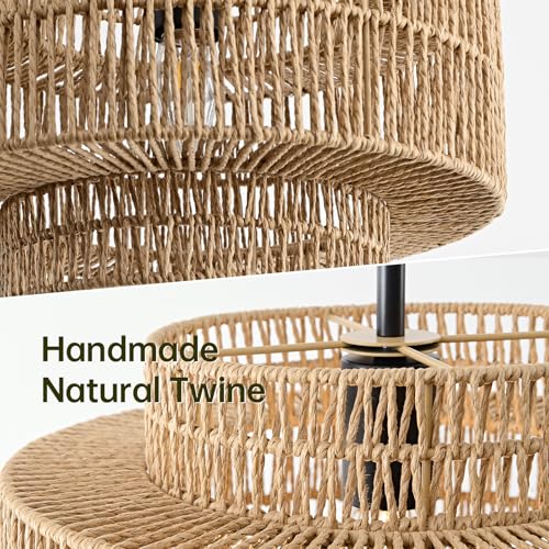 Image of 12.4 inch Boho Rattan Pendant Light Fixture for Dining Room, 1-Light Black Chandelier Farmhouse Rustic Hanging Lamp for Kitchen Island, Bedroom, Living Room, Entryway, Foyer, Hallway