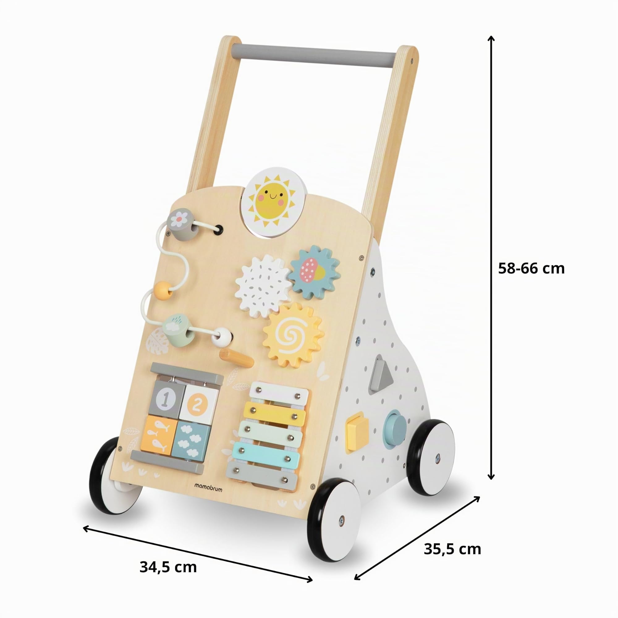 Mamabrum Lauflernwagen aus Holz mit Multifunktionalem 8in1 Spielcenter – Motorikspielzeug für Kleinkinder, Stabile Konstruktion, Xylophon und Zahnräder