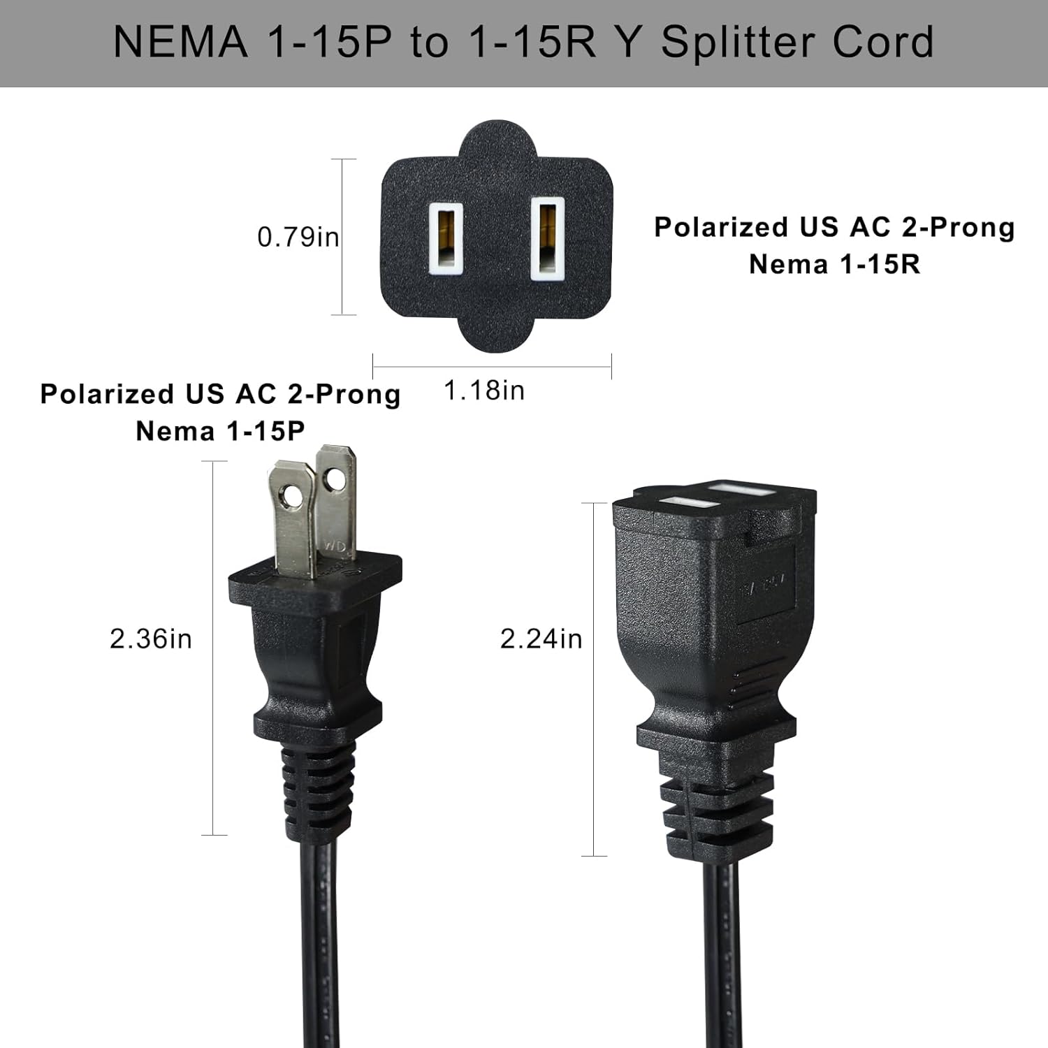 KUNCAN 2-Prong Splitter Extension Cord - 1-Pack Polarized 2 Prong Extension Cord with 4 Outlets, 1 to 4 Ways Power Splitter NEMA 1-15P to 4X 1-15R 1 feet 10A/125V for Power Adapter Holiday LED Light