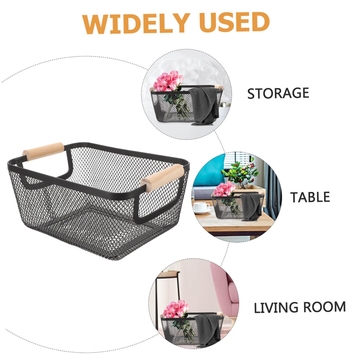 2 Stück Schwarze Metallkörbe Holzgriffen Robuste Drahtkörbe zur Aufbewahrung für Küche Bad Flur Vielseitige Organizer Platzsparend und Langlebig für Gemüse und Haushalt