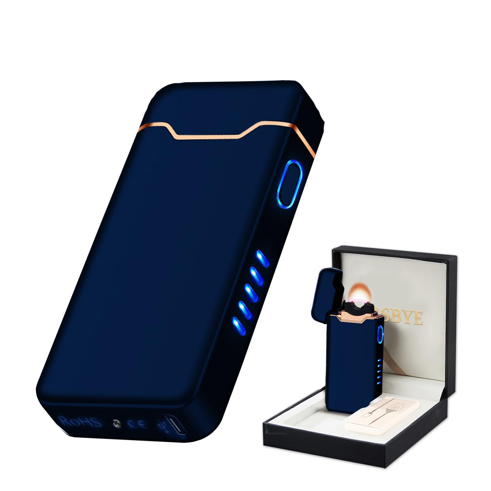 Briquet électrique plasma USB-C rechargeable avec boîtier en métal et indicateur de niveau de charge pour feux d'artifice, camping, bougies, barbecue, extérieur, bleu