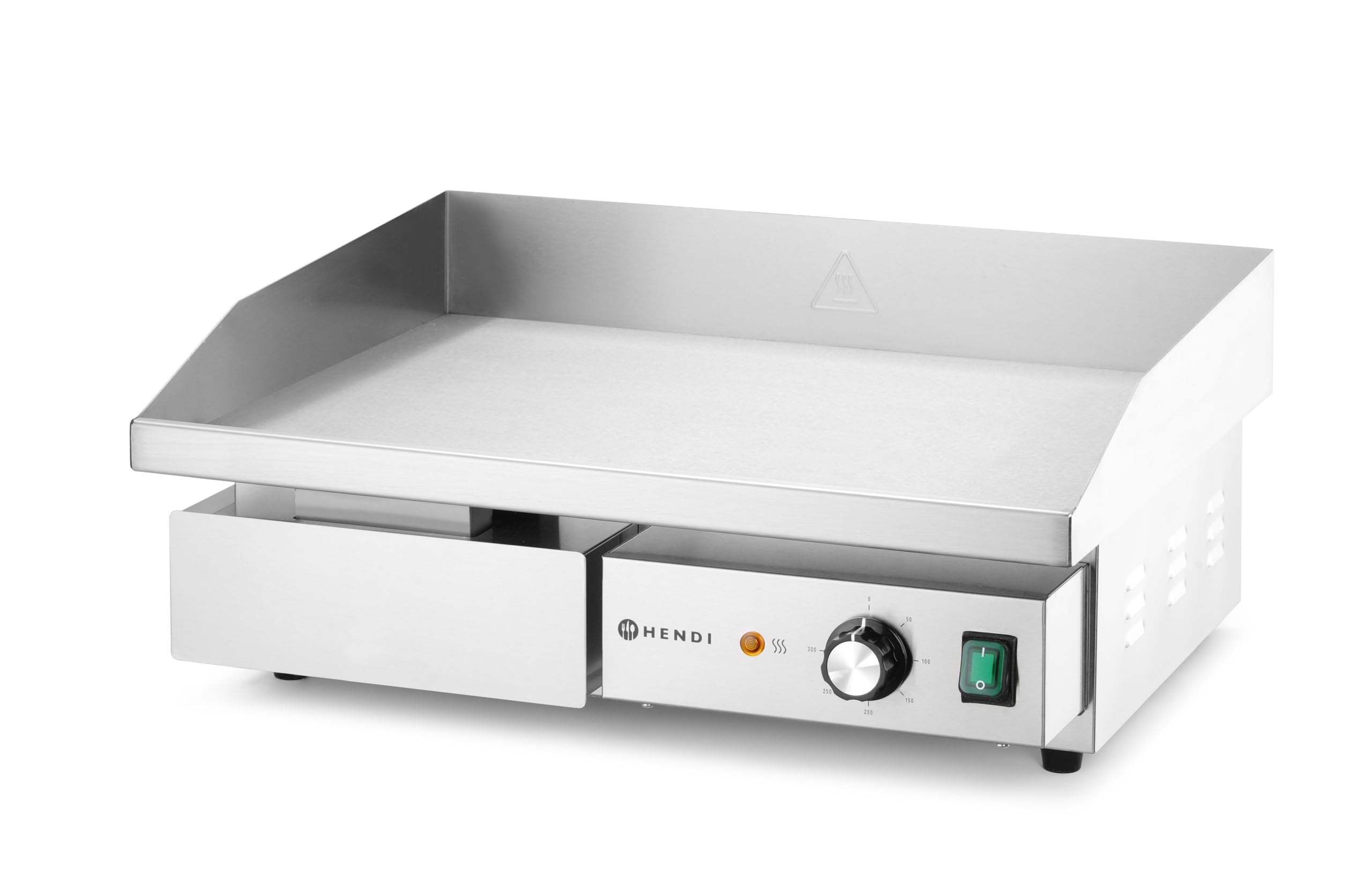 HENDI Elektryczna płyta grillowa, w całości gładka, wyjmowana szuflada, temperatura regulowana do 300°C, grill stołowy, grill gastronomiczny, 230V/3000W, 550x430x(H)240mm, stal nierdzewna