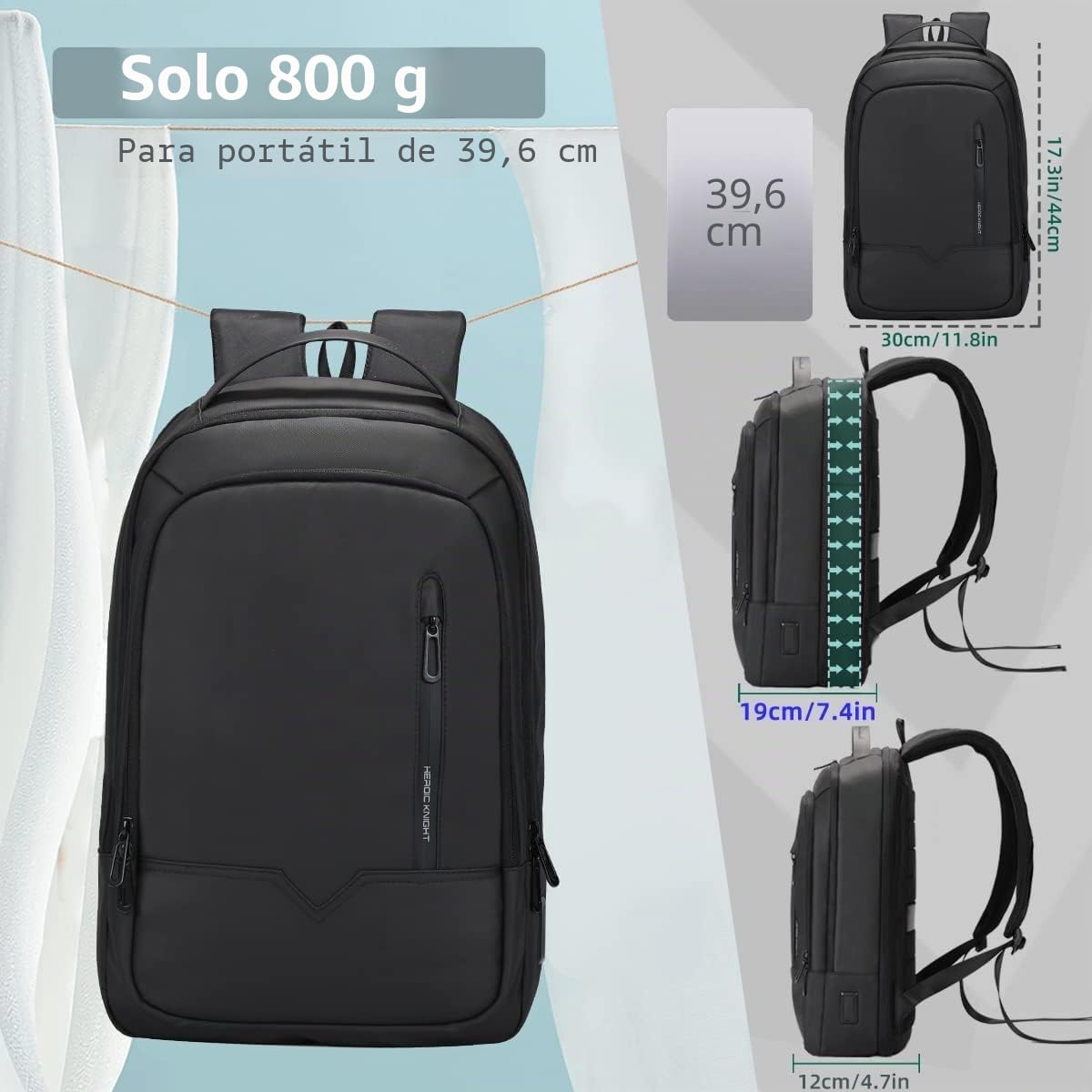 Mochila Expandible para Laptop 15.6'' con Puerto USB, Impermeable, Ligera y Antirrobo, de 18 a 25 L, Ideal para Oficina, Viajes y Escuela, para Hombres y Mujeres - Negro