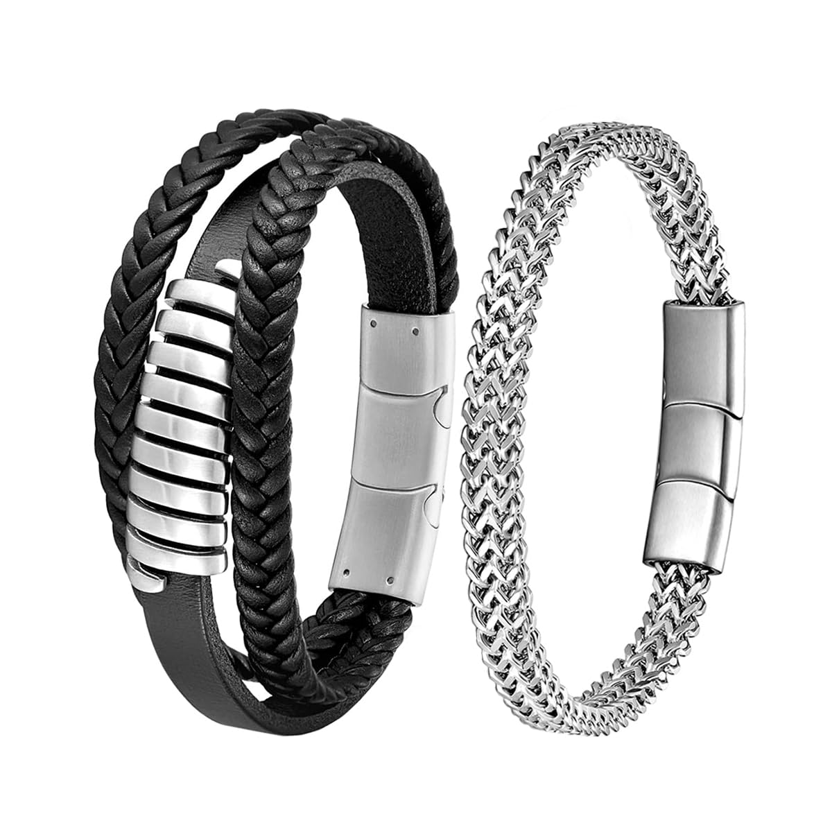 2PCS Bracelets for Men:Mens Bracelet Stainless Steel With Magnetic Clasp Franco Chain & Mens Leather Bracelet With Magnetic Clasp- Ideal Gifts for Dad, Grandpa, Boyfriend, Husband, Son