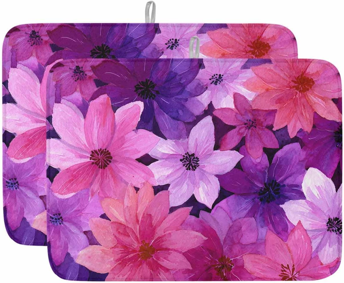 Dish Drying Mat 18 x 24 Inch, Watercolor Flowers Absorbent Microfiber Coffee Mats for Kitchen Spring Floral Country Pink Purple Quick Drying Dish Drainer Pad 2 Pack