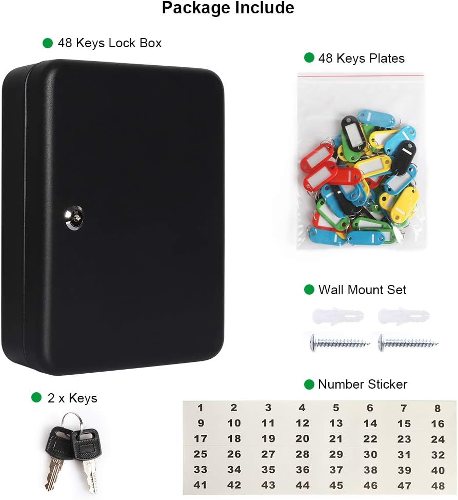 Jssmst Key Lock Box Wall Mount Security Key Storage Box, Locking Key Cabinet Wall Mount with 48 Key Hooks & Tags Key Labels, 11.81 x 9.45 x 2.95 inches, Black Matt