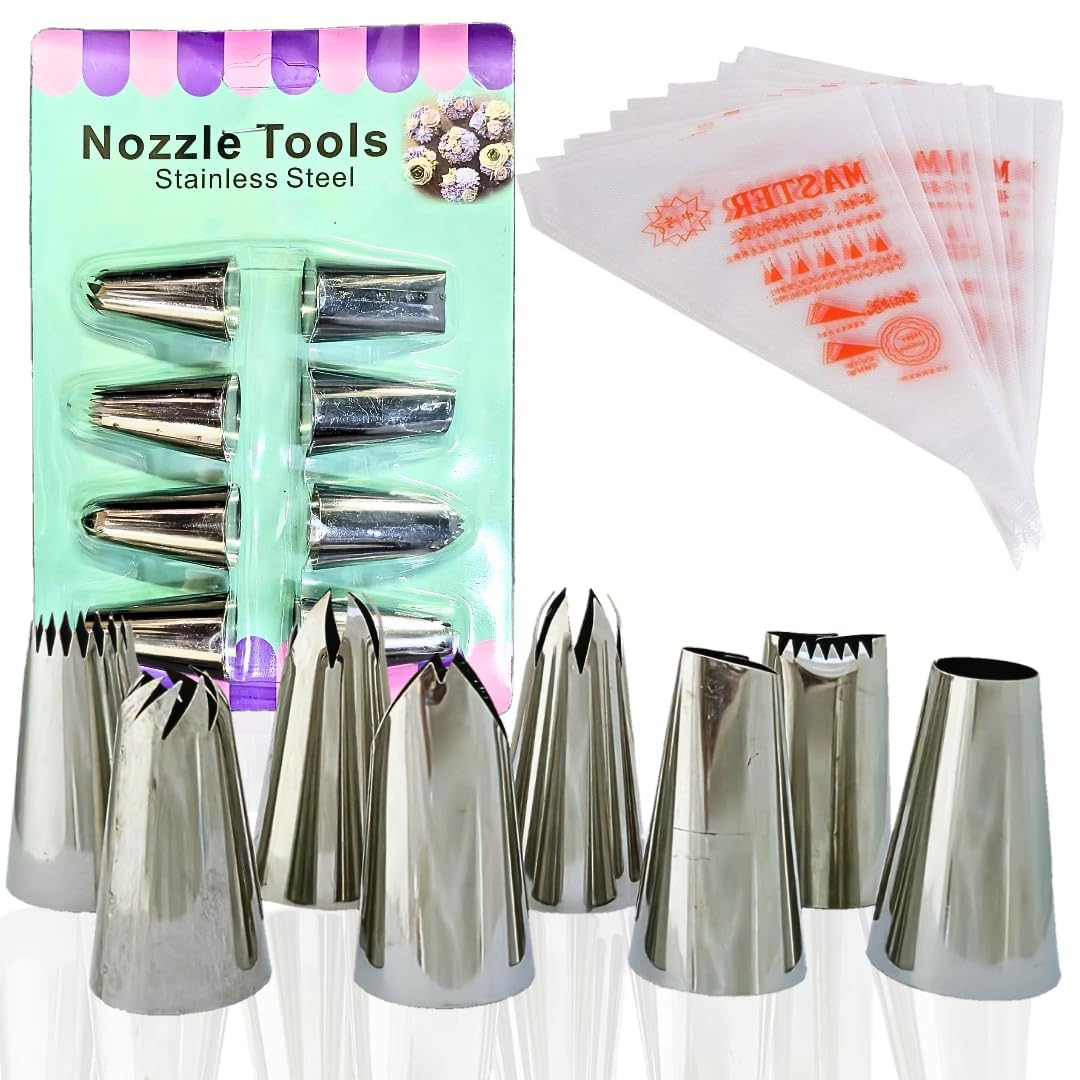 BAKING SET | 2D 1M 336 1AM Rose Grass Leaf Basket Nozzle DIY Cream Rose Flower Piping Nozzles Stainless Steel Cupcake Pastry Tips Nozzle with 25 Disposable Piping Bag Bakery Cake Decoration Tool Set