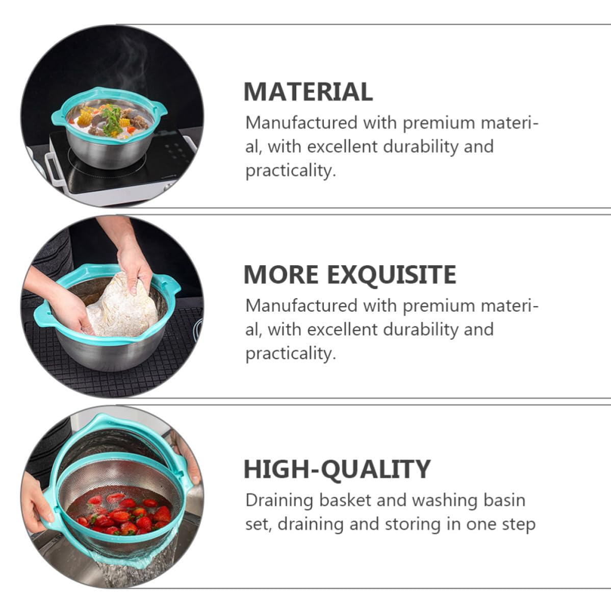 IMIKEYA Colador de Cocina Doble Capa de Acero Inoxidable Cesta para Escurrir Arroz y Frutas, Juego Multifuncional para Almacenar y Drenar Alimentos en Cocina