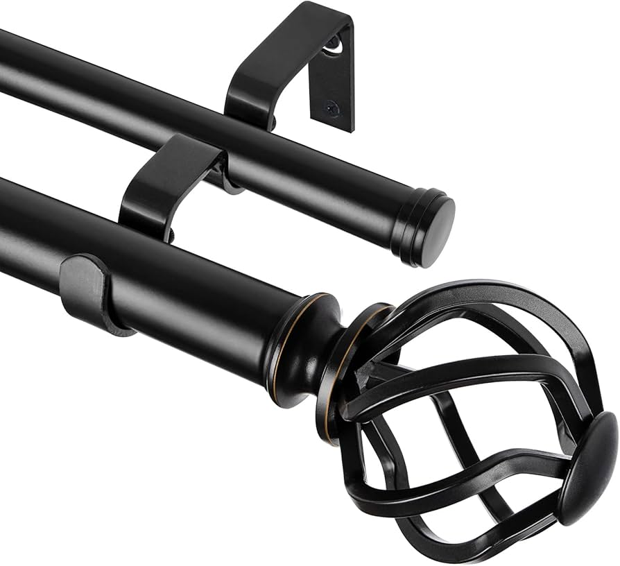 KAMANINA 1 Inch Double Curtain Rods 66 to 120 Inches (5.5-10 Feet) Telescoping Heavy Duty Drapery Rod for Windows 54 to 115 with Twisted Cage Finials, Black