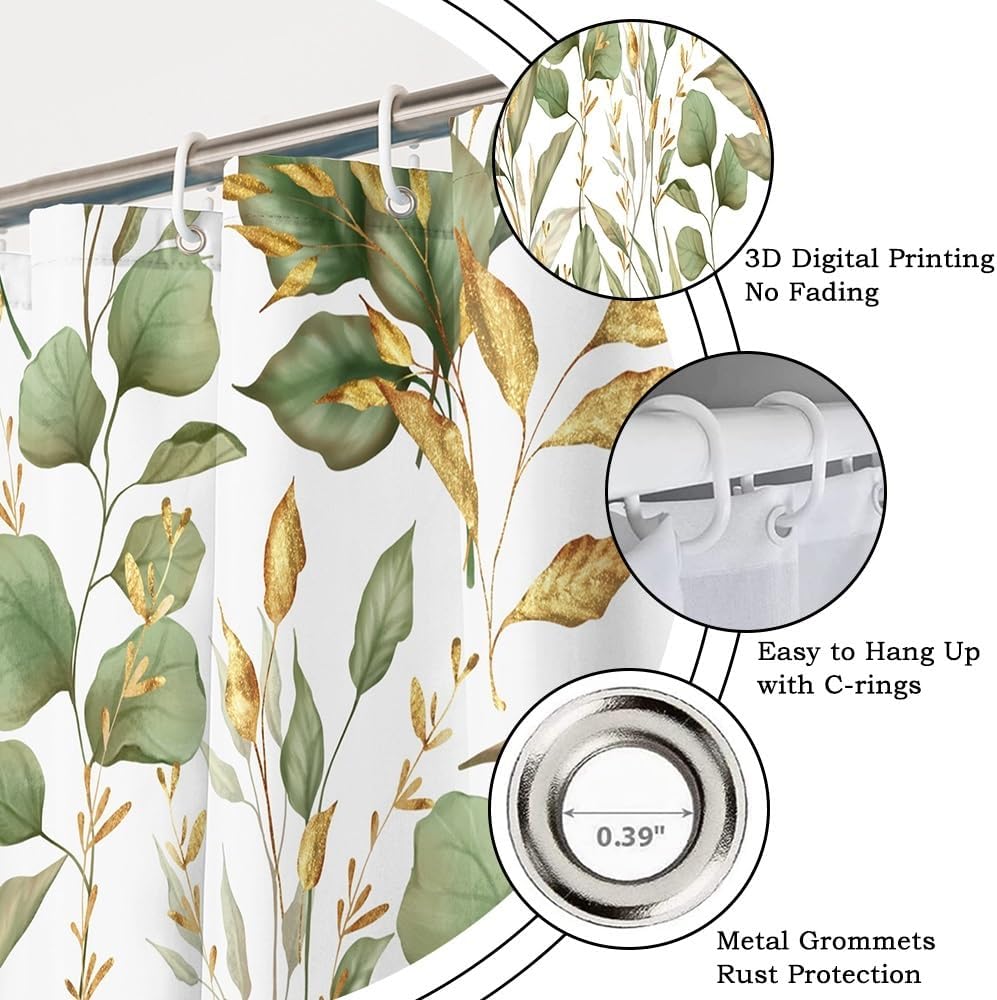 Spring Leaves Shower Curtain for Bathroom Modern Botanical Themed Bathroom Decor Set Watercolor Green Gold Plant Leaf Bathtub Curtains Washable Waterproof Polyester Fabric with Hooks 72x72 Inch