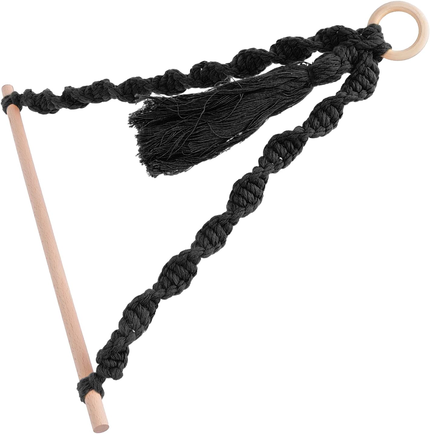 Paper Towel Holder with Knitted Fabric Hemp Rope and Tassel, 32cm Black Hanger - Durable Polyester and Log Design, Multi - Use for Photo Hangings and Accessory Organization (Black)
