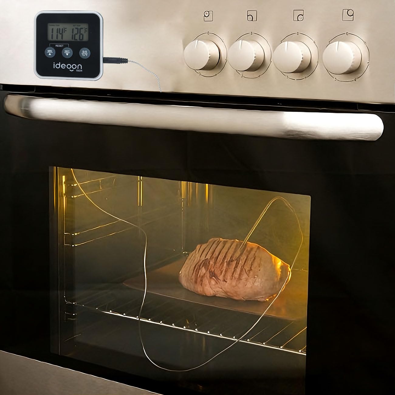 ideoon Digitales Fleischthermometer & Ofenthermometer mit Timer bis 300 Grad, Kabelgebundenes Braten- und Grillthermometer, für BBQ, Grill, Smoker, Backofen