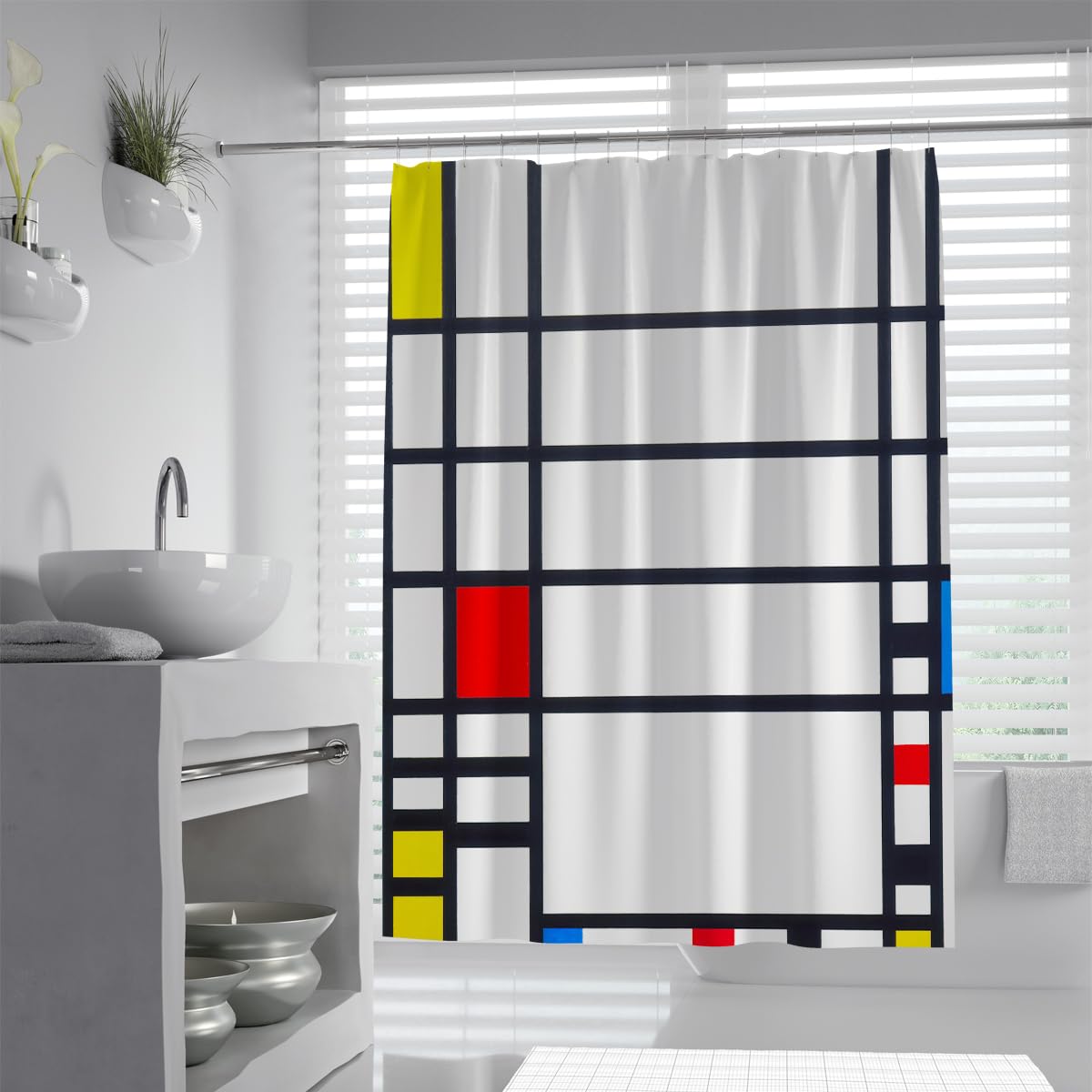 OLLIAR Home Modern Abstract Plaid Shower Curtains Geometric Lines Colorful Yellow Red Blue Squares Waterproof Fabric Bathroom Curtain with Hooks 200x220cm