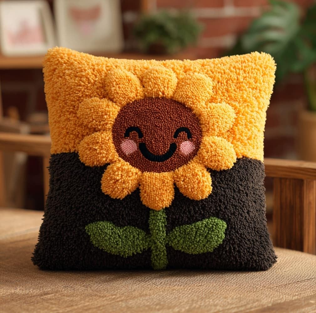 AxiangziK Latch Hook Cushion Kits,Smiling Sunflower 17X17Inch Handmade Embroidery Kits,DIY Needlework Pillow Rug Making Kit,Decorative Throw Pillow Cover for Sofa Cushions