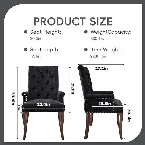 Miniatura 2 de Sillas de comedor tapizadas de felpilla copetuda con brazos y ribete de clavos, marco y patas de madera maciza, casa de campo moderna para comedor,