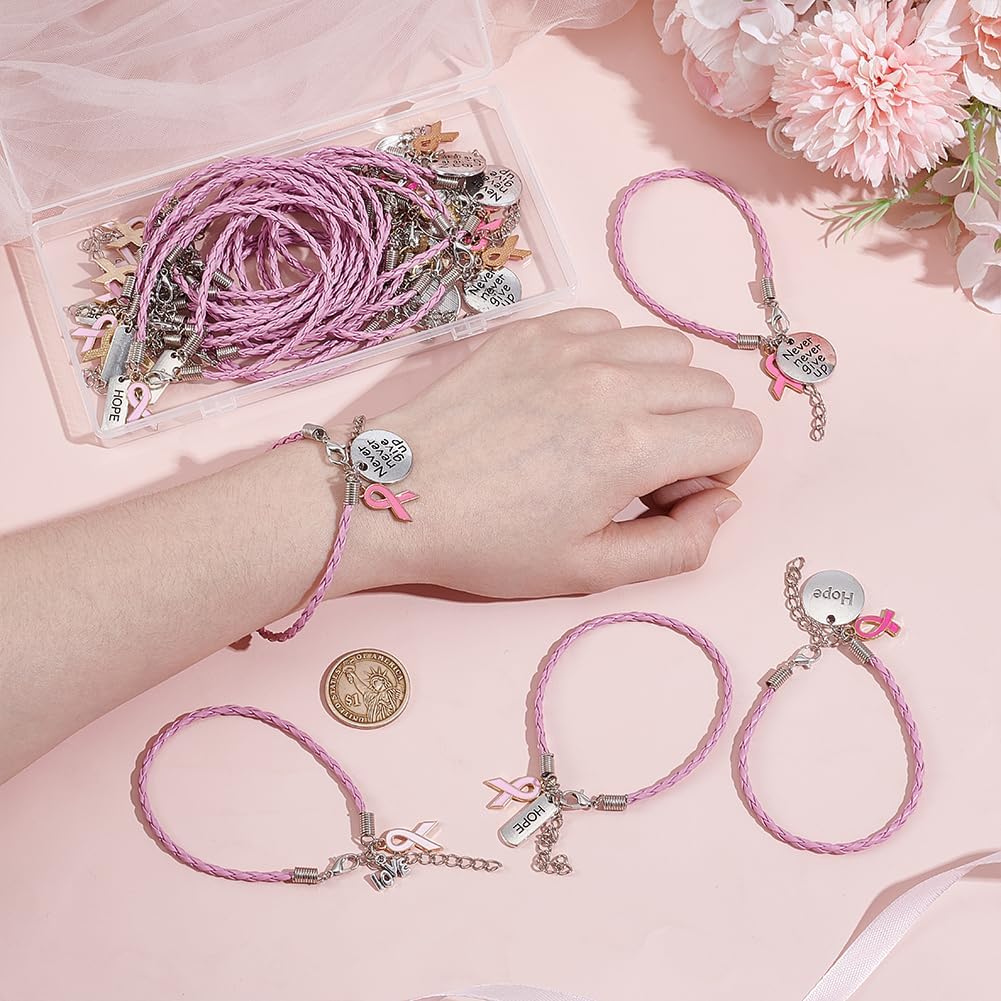 PH PandaHall 24pcs 4 Styles Breast Cancer Awareness Bracelets, PU Leather Braided Cord Bracelet Pink Ribbon Care Gifts for Inspirational Bracelet Women Sister Cancer Fighter Survivor Jewelry - Image 4