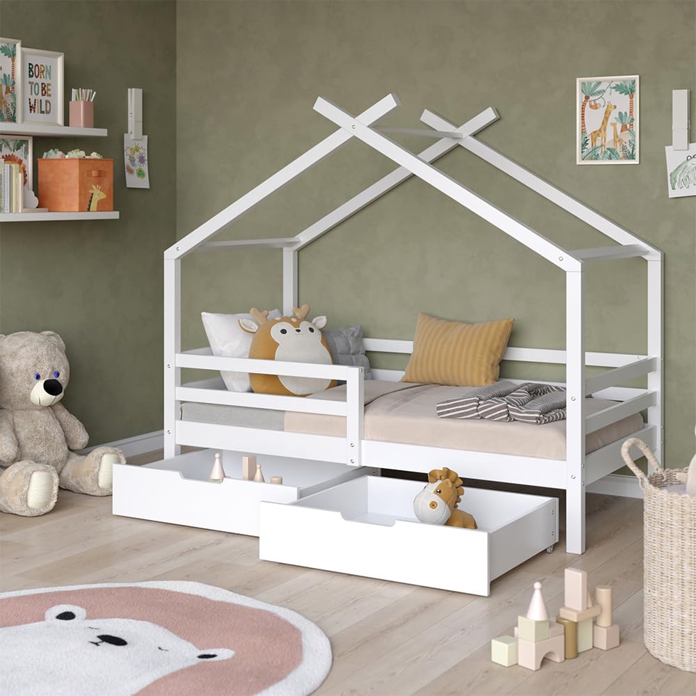 VitaliSpa Letto montessori bambini Luni, Bianco, 160 x 80 cm con box e materasso, come una piccola casa per un'atmosfera calda