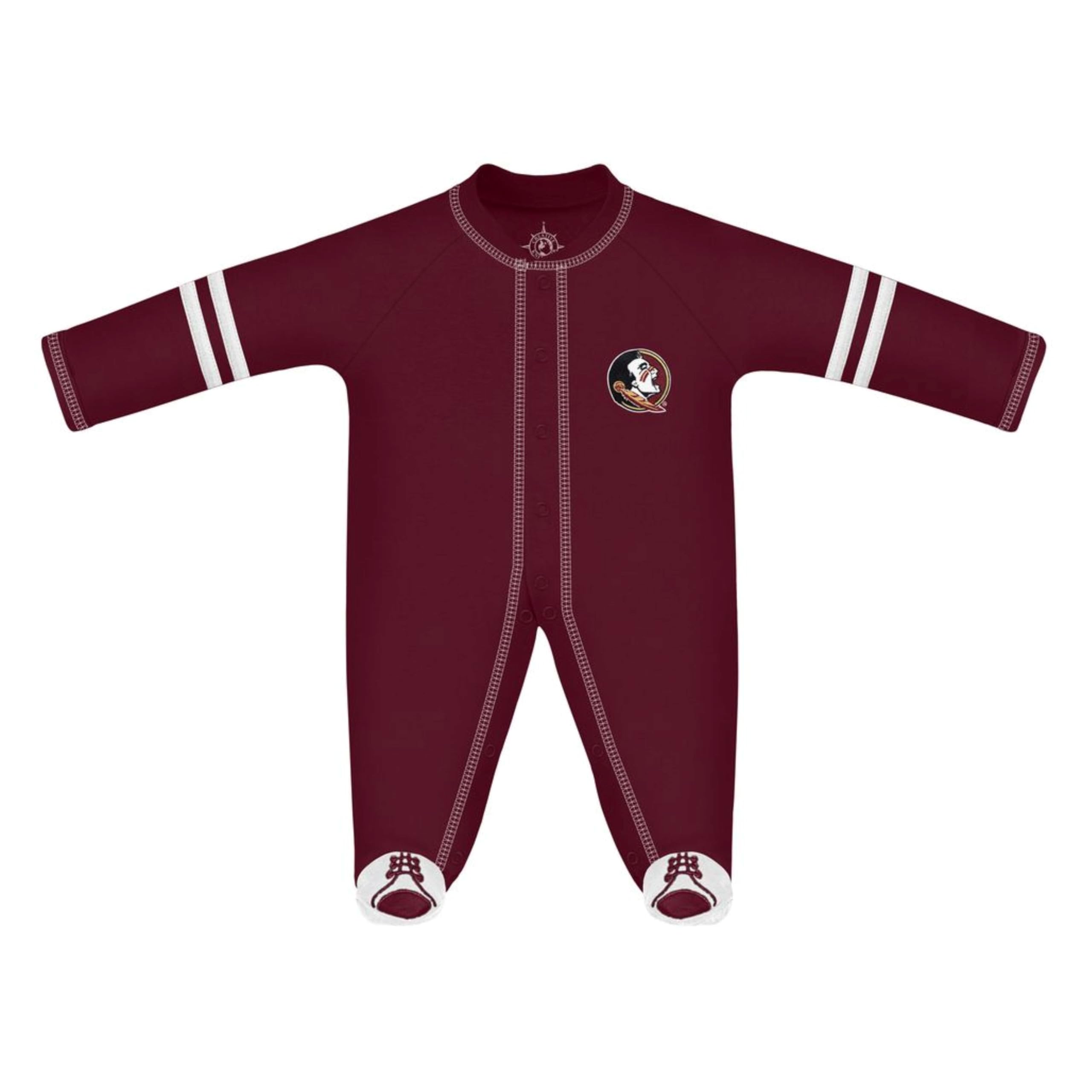 Creative Knitwear College Baby Infant Sports Shoe Footed Romper Long Sleeve- Florida State Seminoles Logo, Garnet/White, Size 0-3 Months