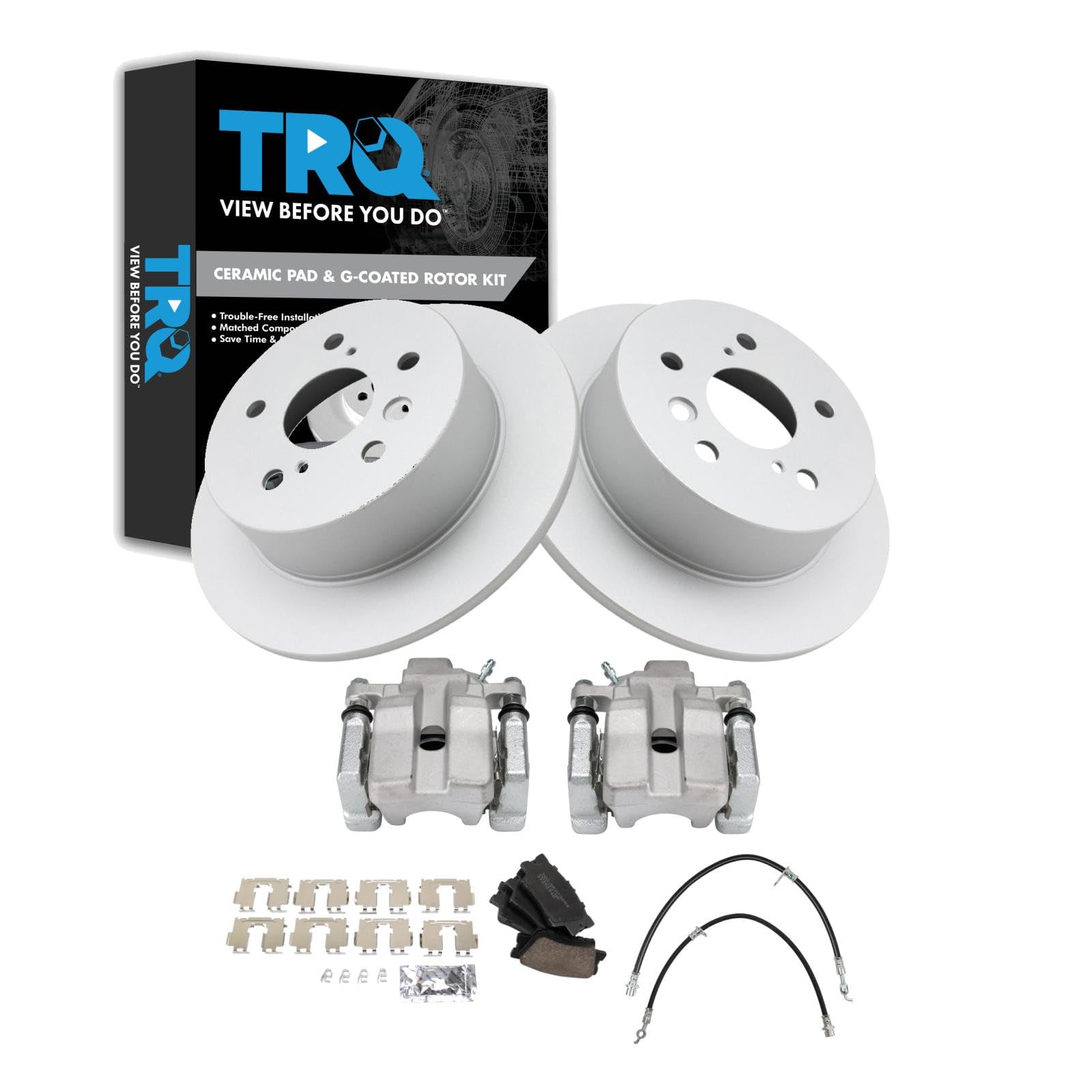 TRQ Rear Brake Pad and Rotor Set Ceramic Coated Rotors Calipers Compatible with 2007-2012 Lexus ES350 2008-2012 Toyota Avalon 2007-2011 Camry