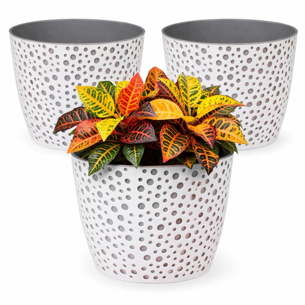 Home Garden Ornaments White+Grey Plant Pots Indoor, Indoor Plant Pot - Vero Decorative Flower Pots With Basket And Insert, Polka Dot Pattern, Set Of 3 (Diameter: 21Cm, Colour: White And Grey)