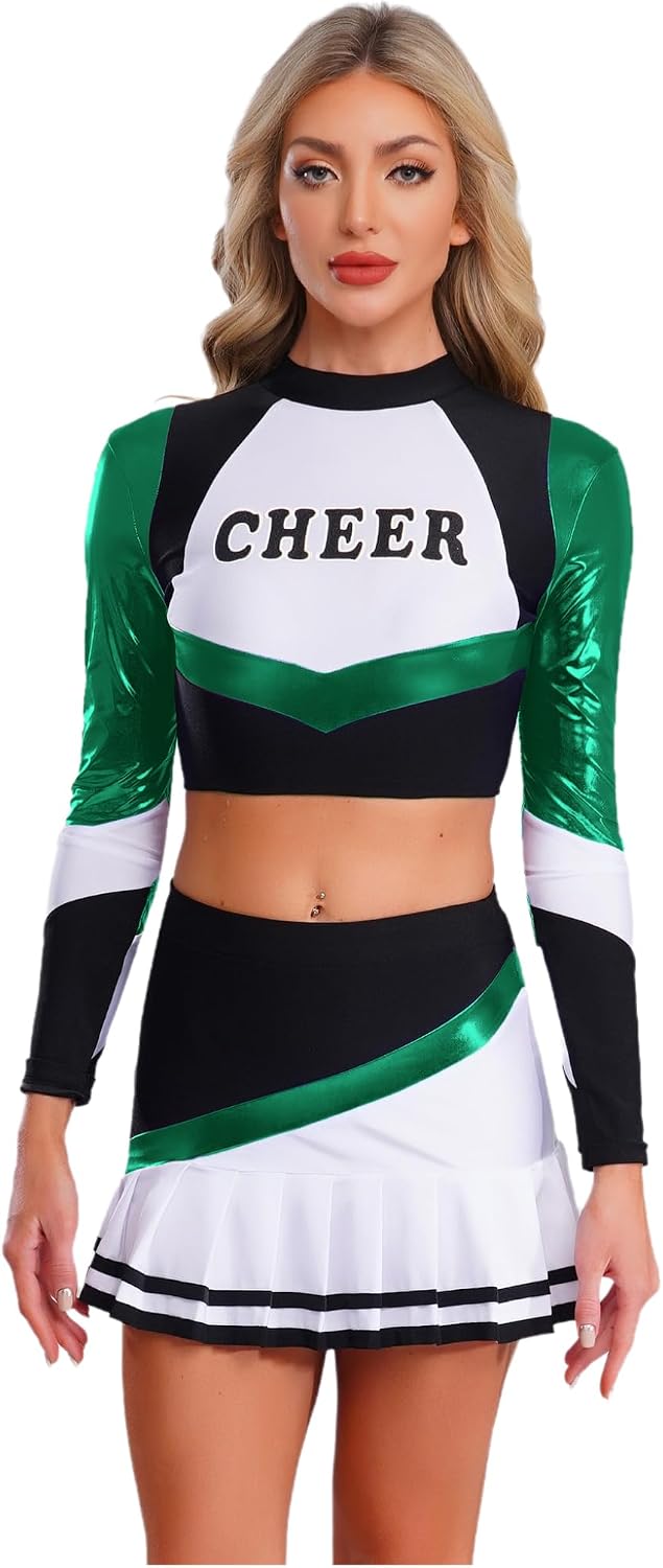 Womens 2pcs Cheer Uniform Cheerleading Shiny Metallic Crop Top with Pleated Skirts for Halloween Party