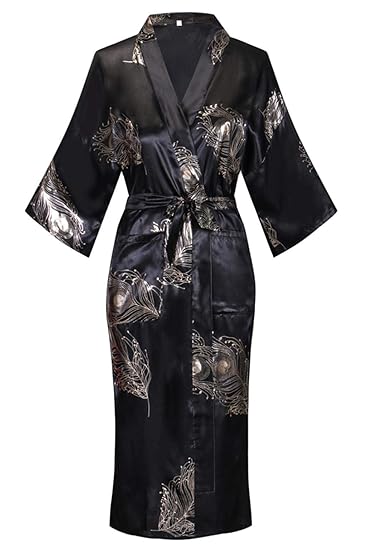 Women's Long Kimono Robe Floral Printed Satin Robes Lightweight Silky Bathrobe Nightgown with Pockets