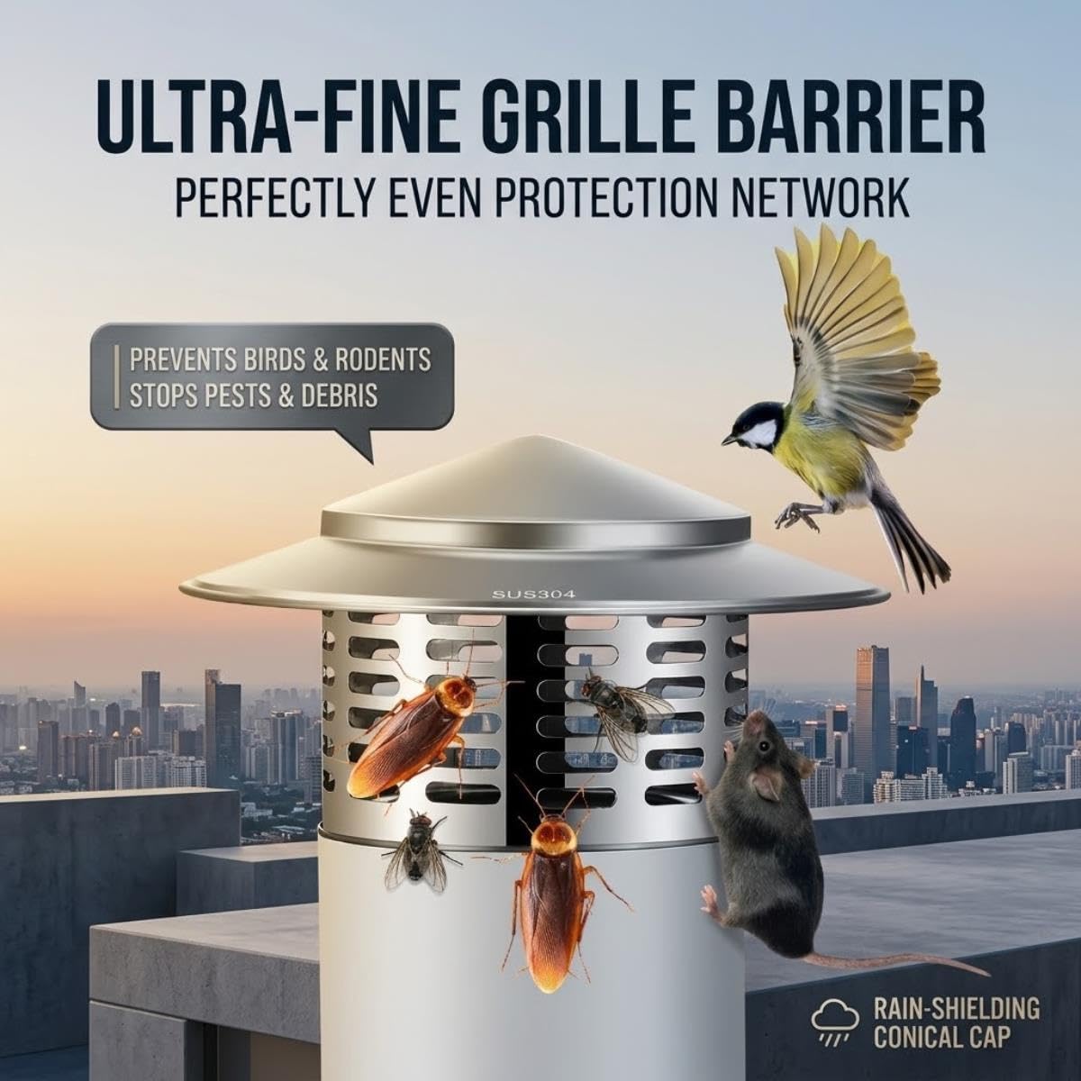 Tapa Chimenea Inoxidable 304 Protección Contra Aves, Extractor de Humos
