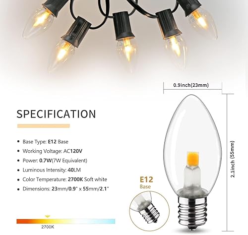 Miniatura 2 de Bombilla nocturna – Bombillas LED C7 E12 – Candelabro, bombilla incandescente equivalente a 0.6 vatios de 7 W, blanco cálido 2700 K, bombillas de C7