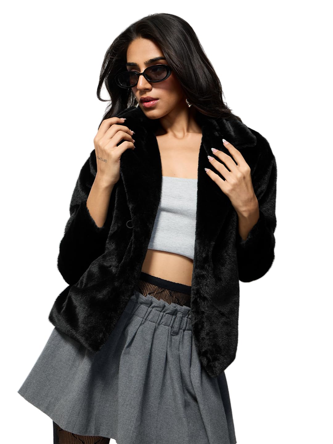 The Souled Store Fur Jacket: Women and Girls Long Sleeves Spread Collar Solid Polyester Faux Fur Warm Winter Ready Drop Shoulder Casual Streetwear Oversized Jacket in neutral