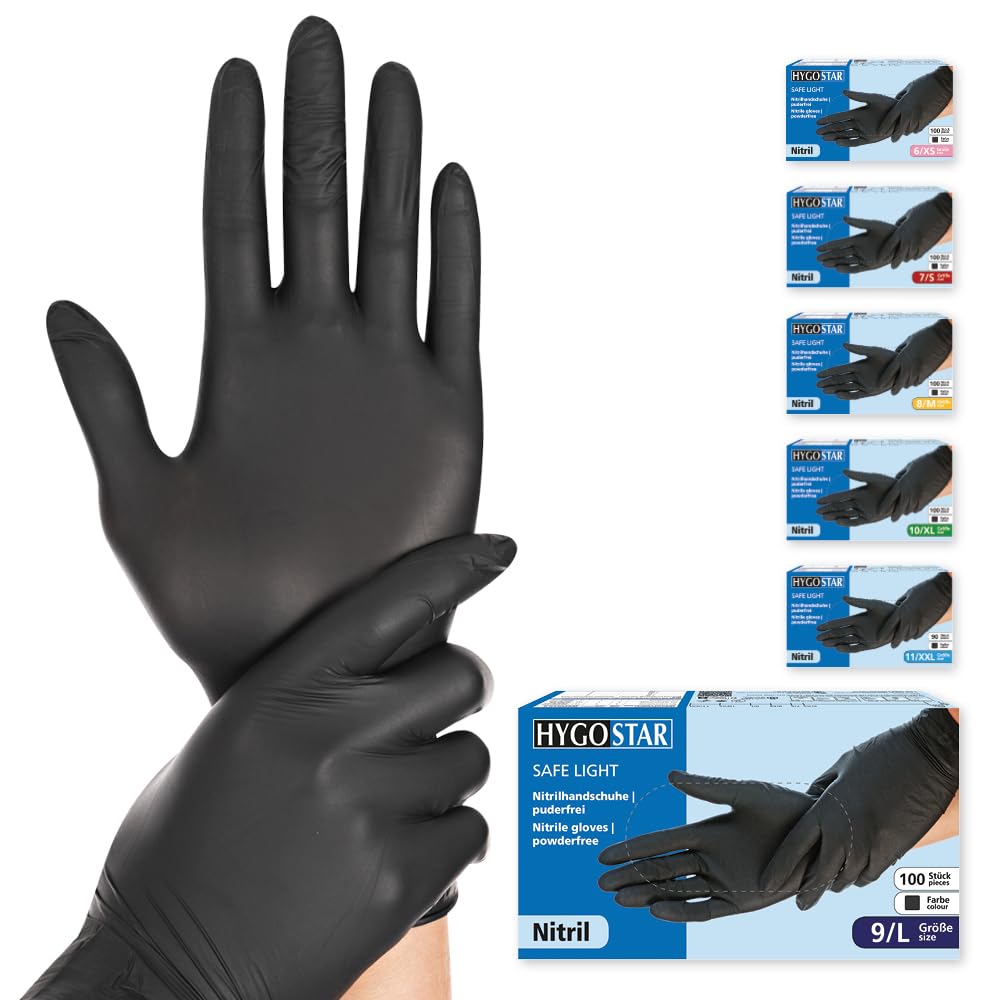 Hygostar Safe Light Nitrilhandschuhe, puderfrei, schwarz, 100 Stück, Größe XS–XXL, 24 cm