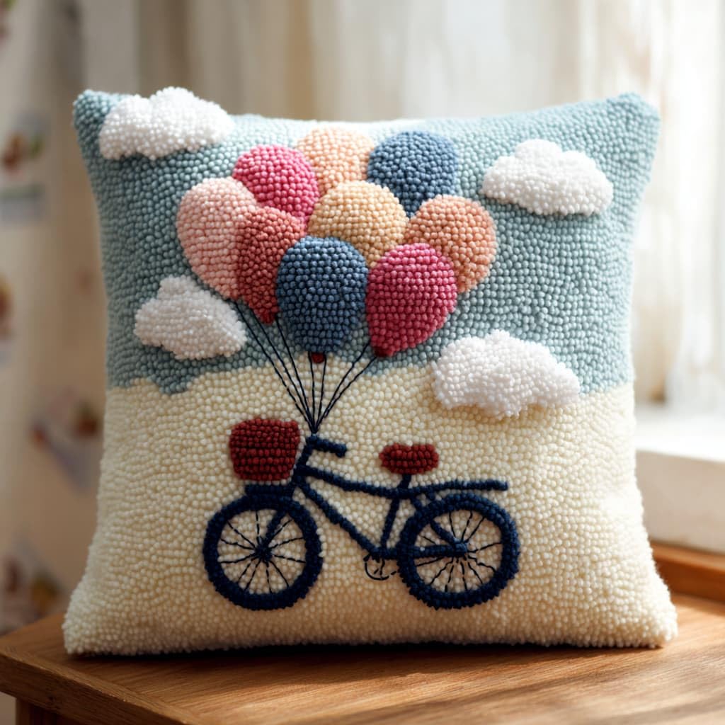 AxiangziK Latch Hook Pillow Kit,Bicycle Balloon 43X43Cm DIY Cushion Cover